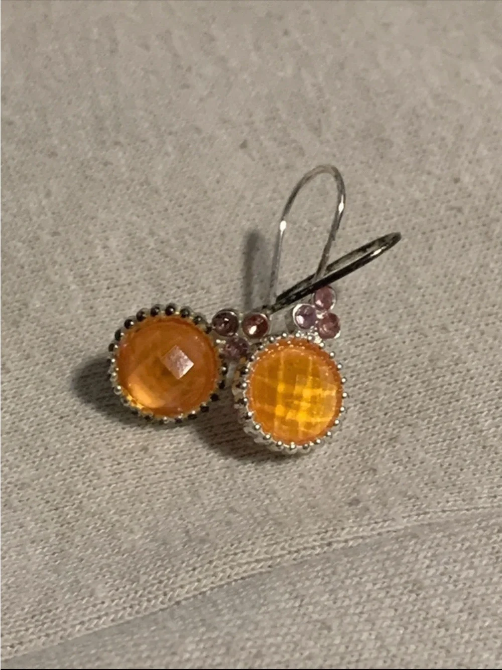 Silver Drop Earrings with Orange Faceted Stones and Pink Accents